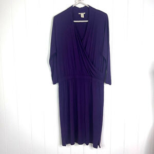 White + Warren Purple V Neck Elastic Waist Knee Length Dress SZ M